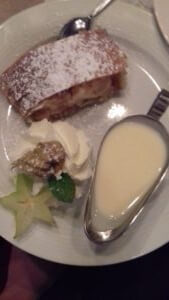 Apple strudel with cream at Augustiner Keller, Oktoberfest with kids visit